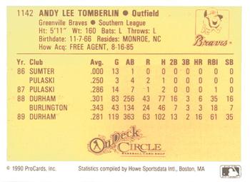 1990 ProCards #1142 Andy Tomberlin Back