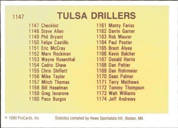 1990 ProCards #1147 Tulsa Drillers Checklist Back