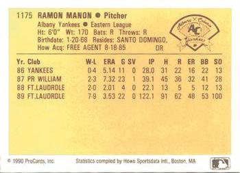1990 ProCards #1175 Ramon Manon Back