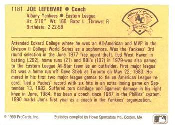 1990 ProCards #1181 Joe Lefebvre Back