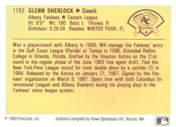 1990 ProCards #1183 Glenn Sherlock Back