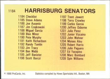 1990 ProCards #1184 Harrisburg Senators Checklist Back