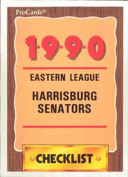 1990 ProCards #1184 Harrisburg Senators Checklist Front