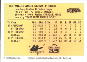1990 ProCards #1188 Miguel Garcia Back