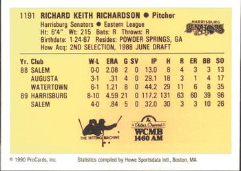 1990 ProCards #1191 Keith Richardson Back