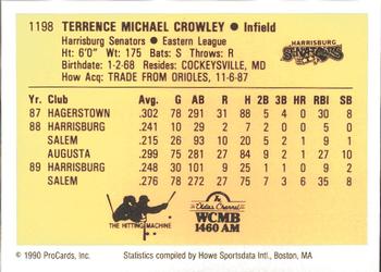 1990 ProCards #1198 Terry Crowley Back