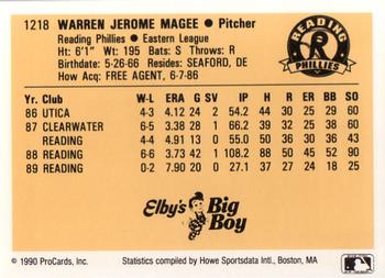 1990 ProCards #1218 Warren Magee Back