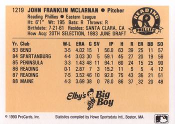 1990 ProCards #1219 John McLarnan Back