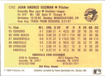 1990 ProCards #1242 Juan Guzman Back