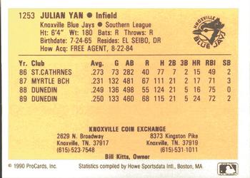 1990 ProCards #1253 Julian Yan Back