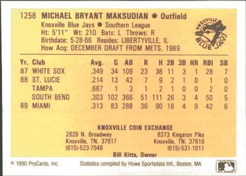 1990 ProCards #1258 Mike Maksudian Back