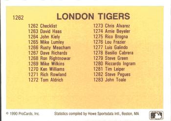 1990 ProCards #1262 London Tigers Checklist Back