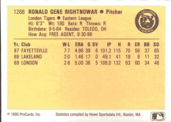1990 ProCards #1268 Ron Rightnowar Back