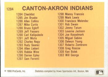 1990 ProCards #1284 Canton-Akron Indians Checklist Back