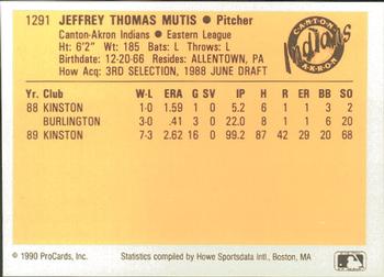 1990 ProCards #1291 Jeff Mutis Back