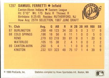 1990 ProCards #1297 Sam Ferretti Back