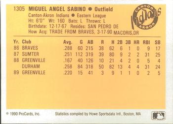 1990 ProCards #1305 Miguel Sabino Back