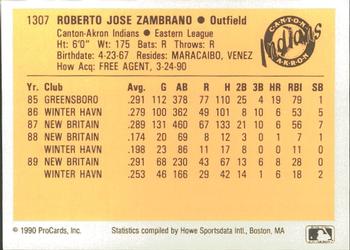 1990 ProCards #1307 Roberto Zambrano Back