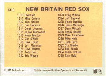 1990 ProCards #1310 New Britain Red Sox Checklist Back