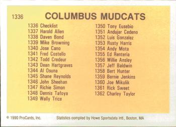 1990 ProCards #1336 Columbus Mudcats Checklist Back