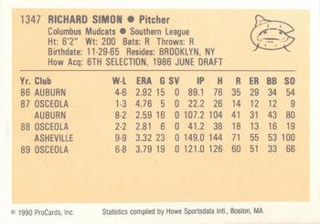 1990 ProCards #1347 Richie Simon Back