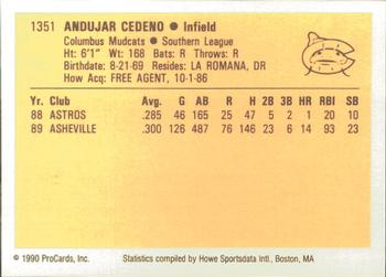 1990 ProCards #1351 Andujar Cedeno Back