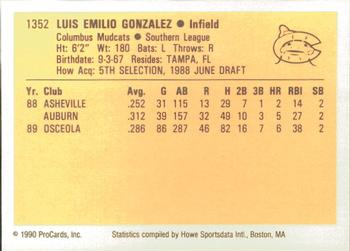 1990 ProCards #1352 Luis Gonzalez Back