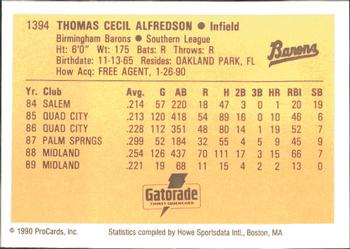 1990 ProCards #1394 Tom Alfredson Back