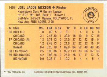 1990 ProCards #1409 Joel McKeon Back