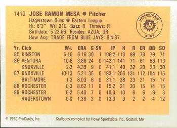 1990 ProCards #1410 Jose Mesa Back
