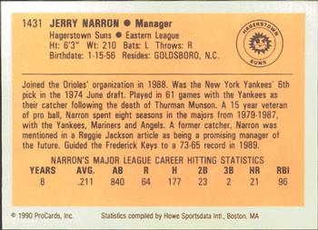 1990 ProCards #1431 Jerry Narron Back