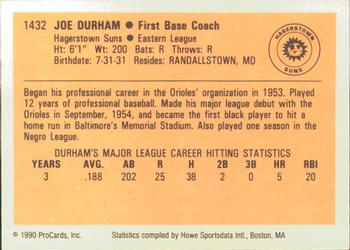 1990 ProCards #1432 Joe Durham Back