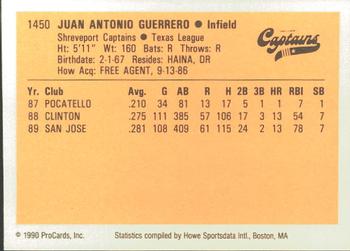 1990 ProCards #1450 Juan Guerrero Back