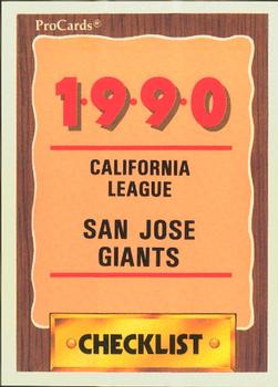 1990 ProCards #2000 San Jose Giants Checklist Front