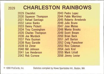 1990 ProCards #2029 Charleston Rainbows Checklist Back