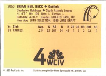 1990 ProCards #2050 Brian Beck Back