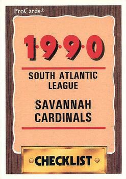 1990 ProCards #2057 Savannah Cardinals Checklist Front