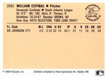 1990 ProCards #2062 Bill Espinal Back
