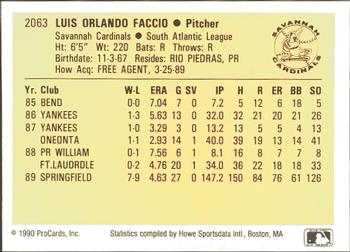 1990 ProCards #2063 Luis Faccio Back