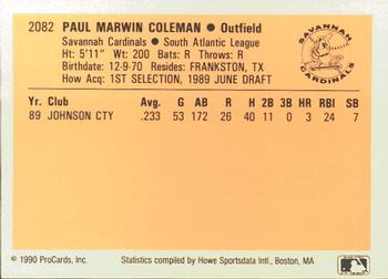 1990 ProCards #2082 Paul Coleman Back