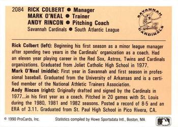 1990 ProCards #2084 Rick Colbert / Mark O'Neal / Andy Rincon Back