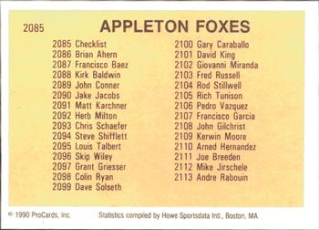 1990 ProCards #2085 Appleton Foxes Checklist Back