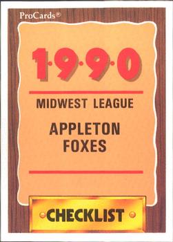 1990 ProCards #2085 Appleton Foxes Checklist Front