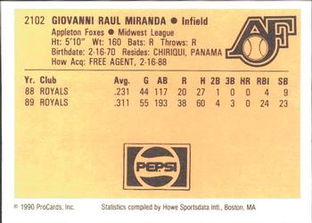 1990 ProCards #2102 Giovanni Miranda Back