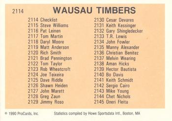 1990 ProCards #2114 Wausau Timbers Checklist Back