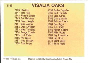 1990 ProCards #2146 Visalia Oaks Checklist Back
