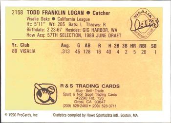 1990 ProCards #2158 Todd Logan Back