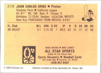 1990 ProCards #2179 Juan Uribe Back