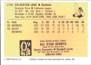 1990 ProCards #2194 Sylvester Love Back