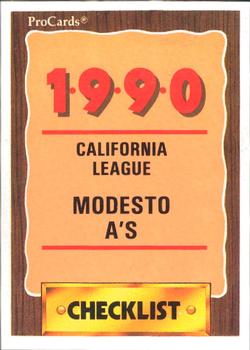 1990 ProCards #2202 Modesto A's Checklist Front